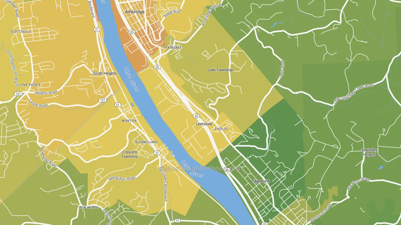 Map of the best neighborhoods in the 15056 area, with better matches in green and worse matches in red
