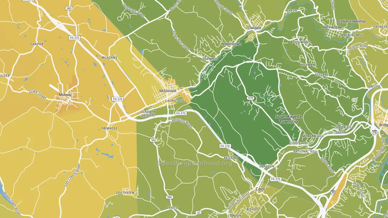 Map of the best neighborhoods in the 15057 area, with better matches in green and worse matches in red