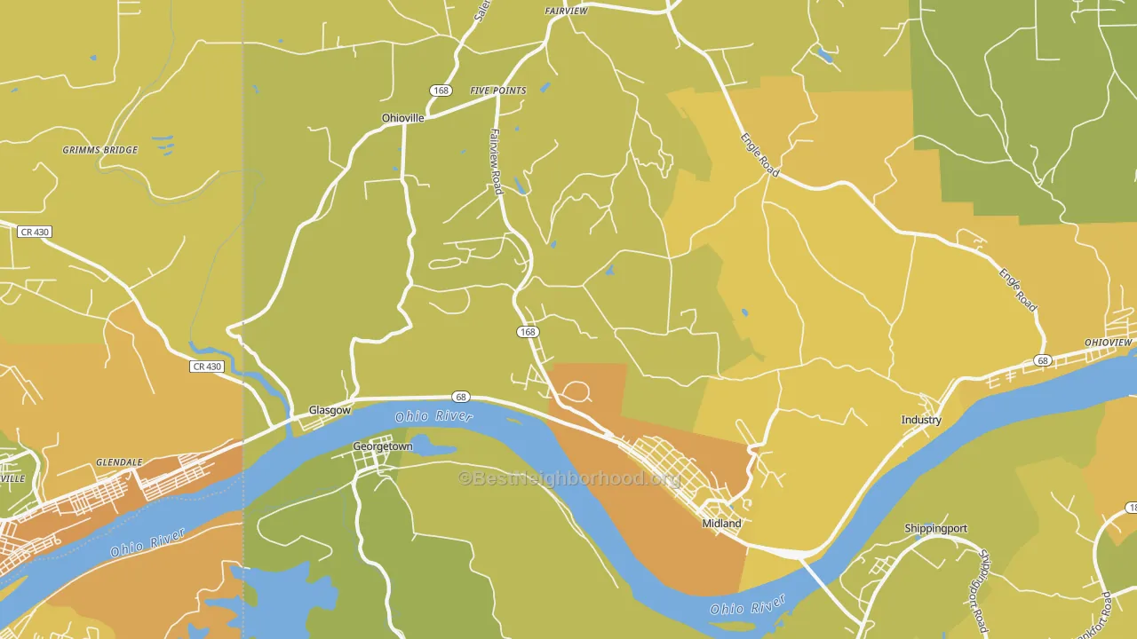 Map of the best neighborhoods in the 15059 area, with better matches in green and worse matches in red