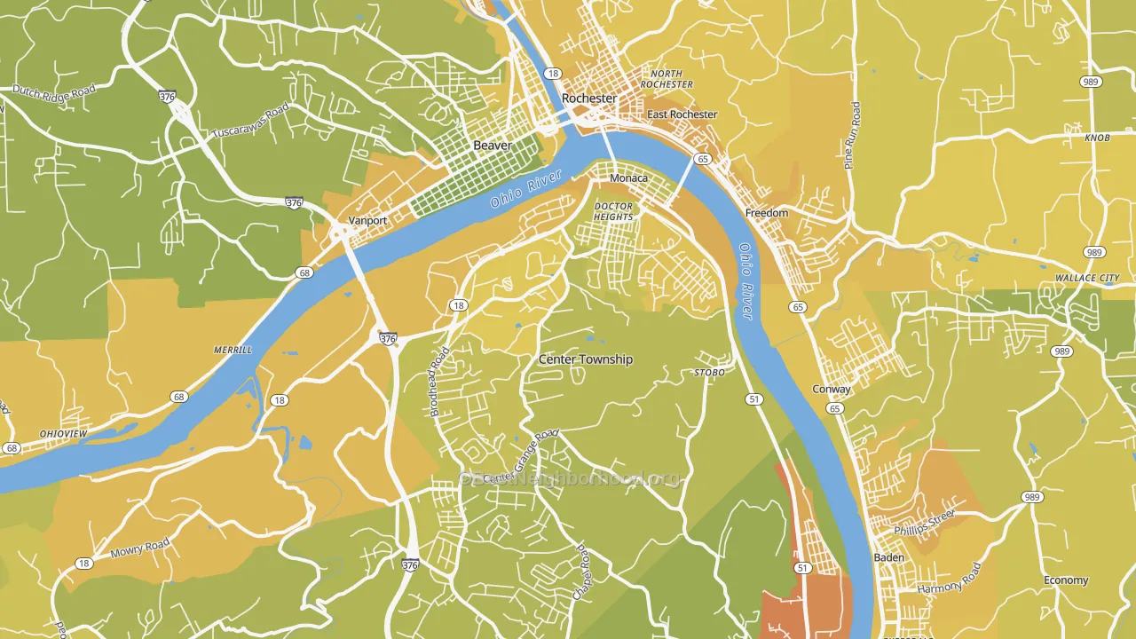Map of the best neighborhoods in the 15061 area, with better matches in green and worse matches in red