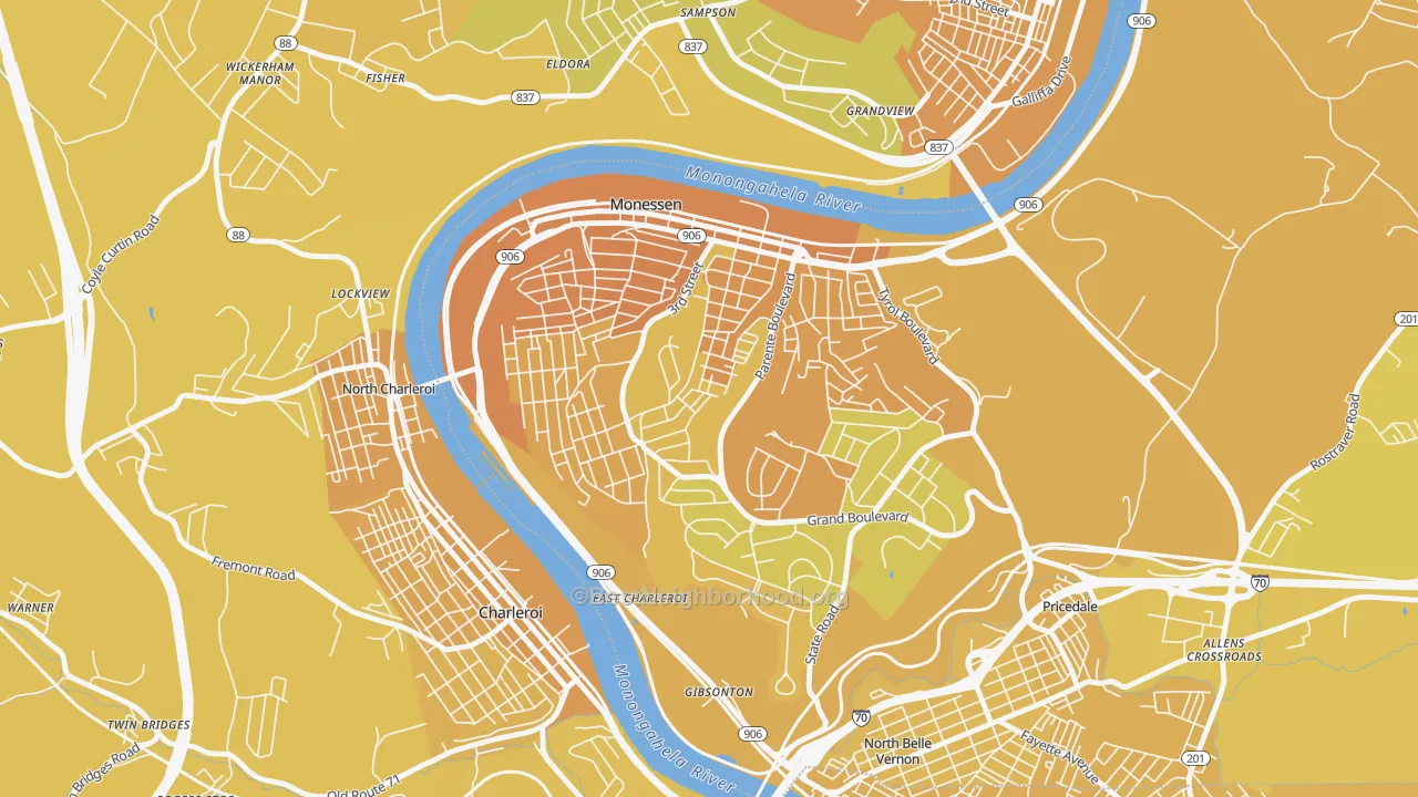 Map of the best neighborhoods in the 15062 area, with better matches in green and worse matches in red