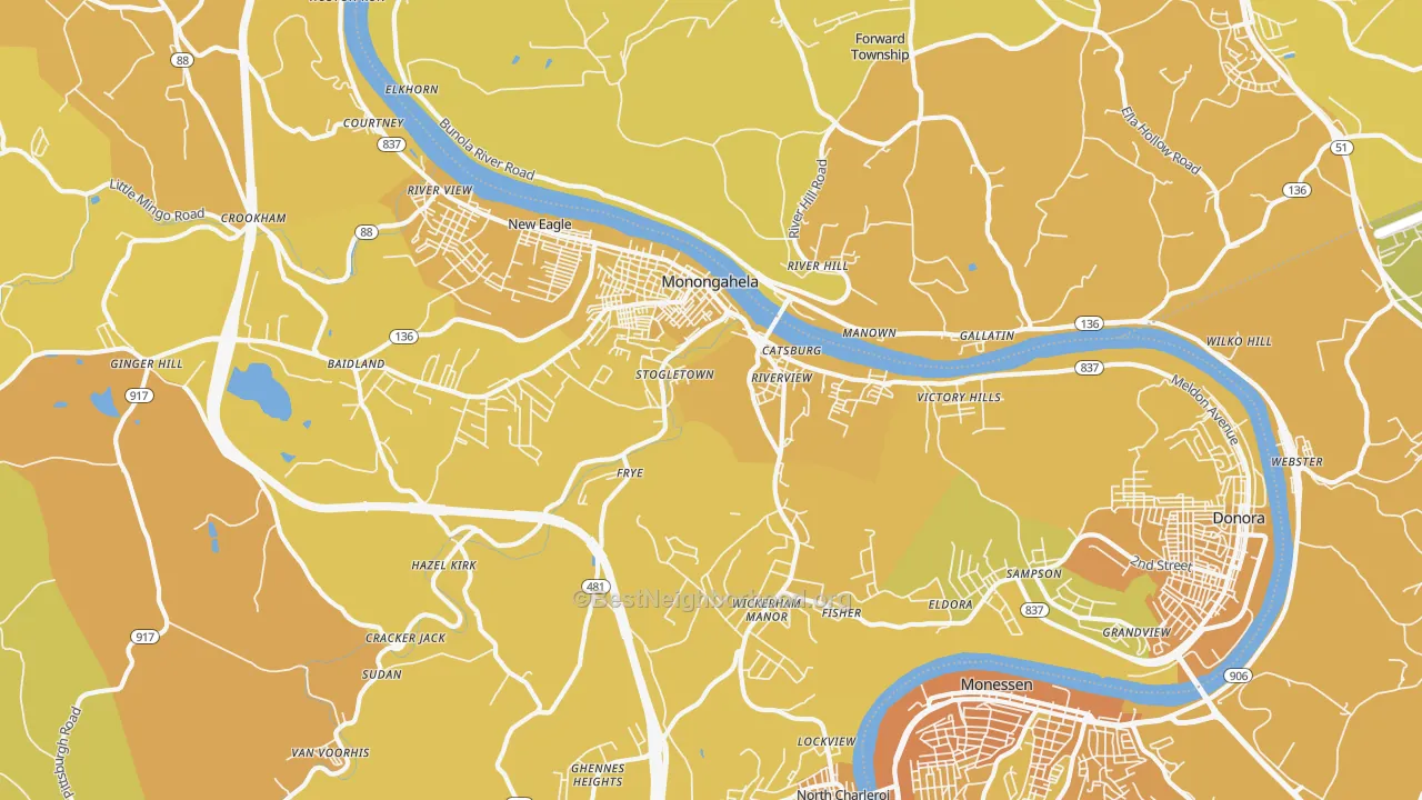Map of the best neighborhoods in the 15063 area, with better matches in green and worse matches in red