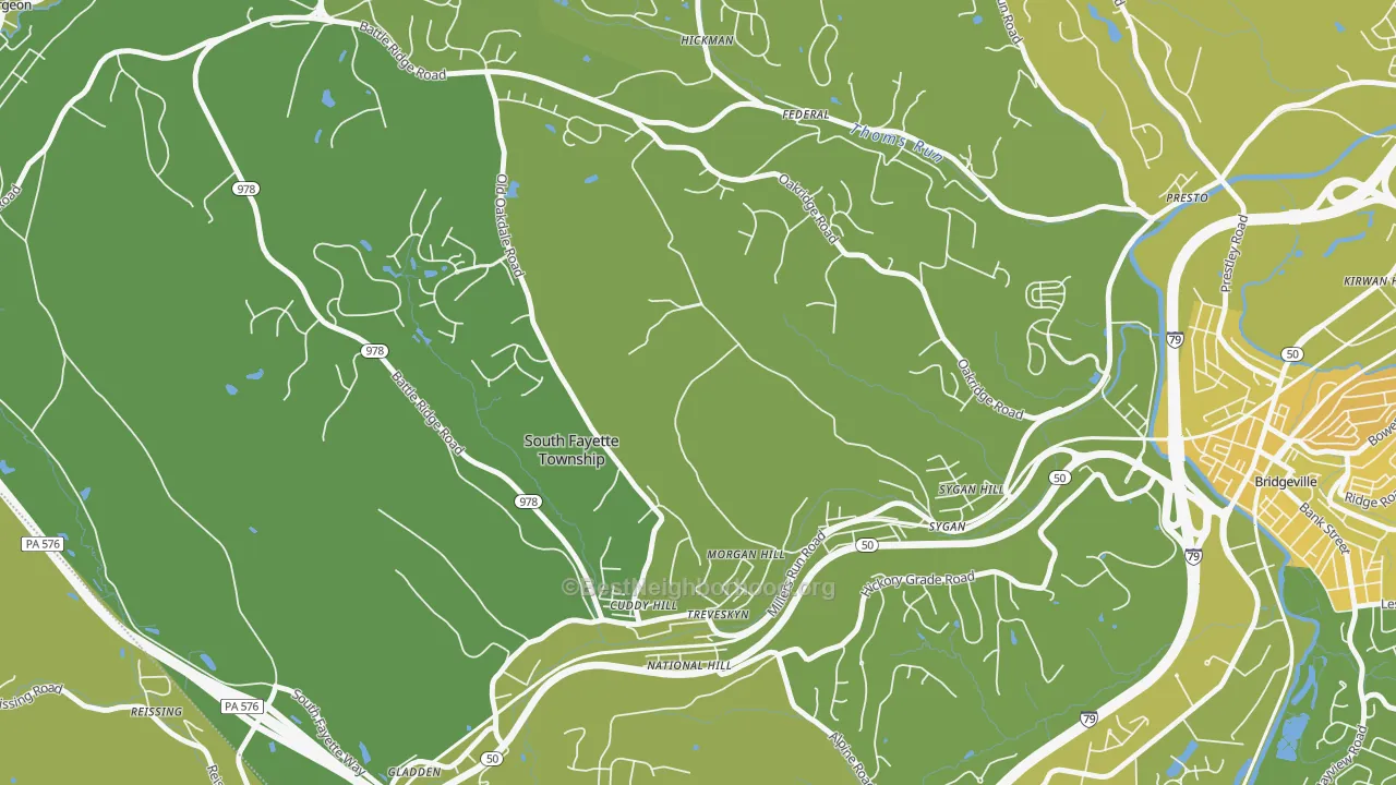 Map of the best neighborhoods in the 15064 area, with better matches in green and worse matches in red