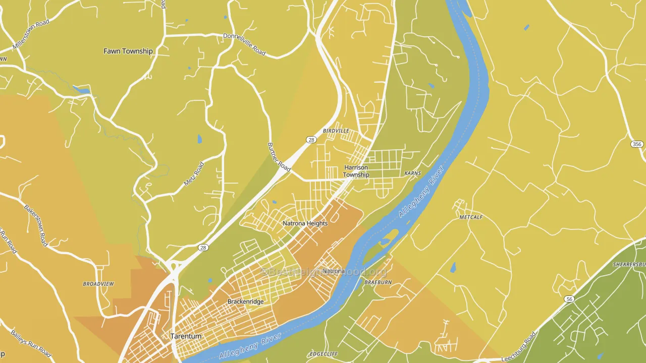 Map of the best neighborhoods in the 15065 area, with better matches in green and worse matches in red
