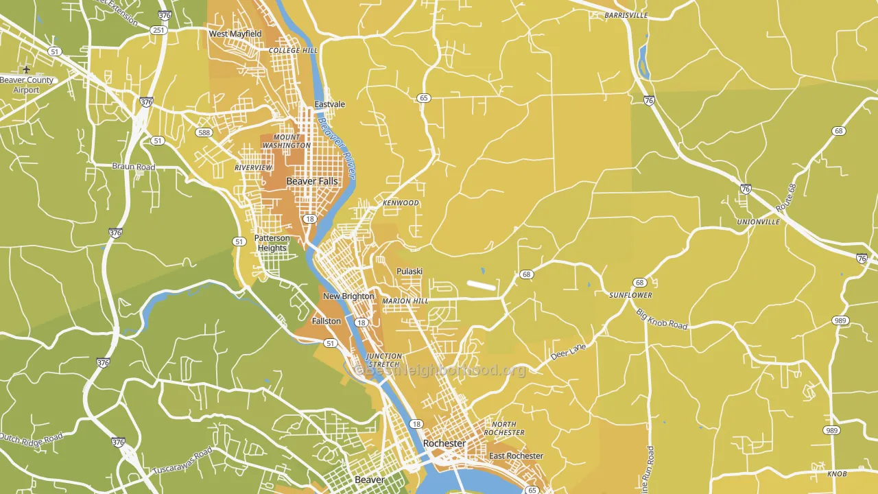 Map of the best neighborhoods in the 15066 area, with better matches in green and worse matches in red