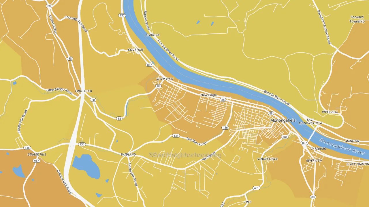 Map of the best neighborhoods in the 15067 area, with better matches in green and worse matches in red