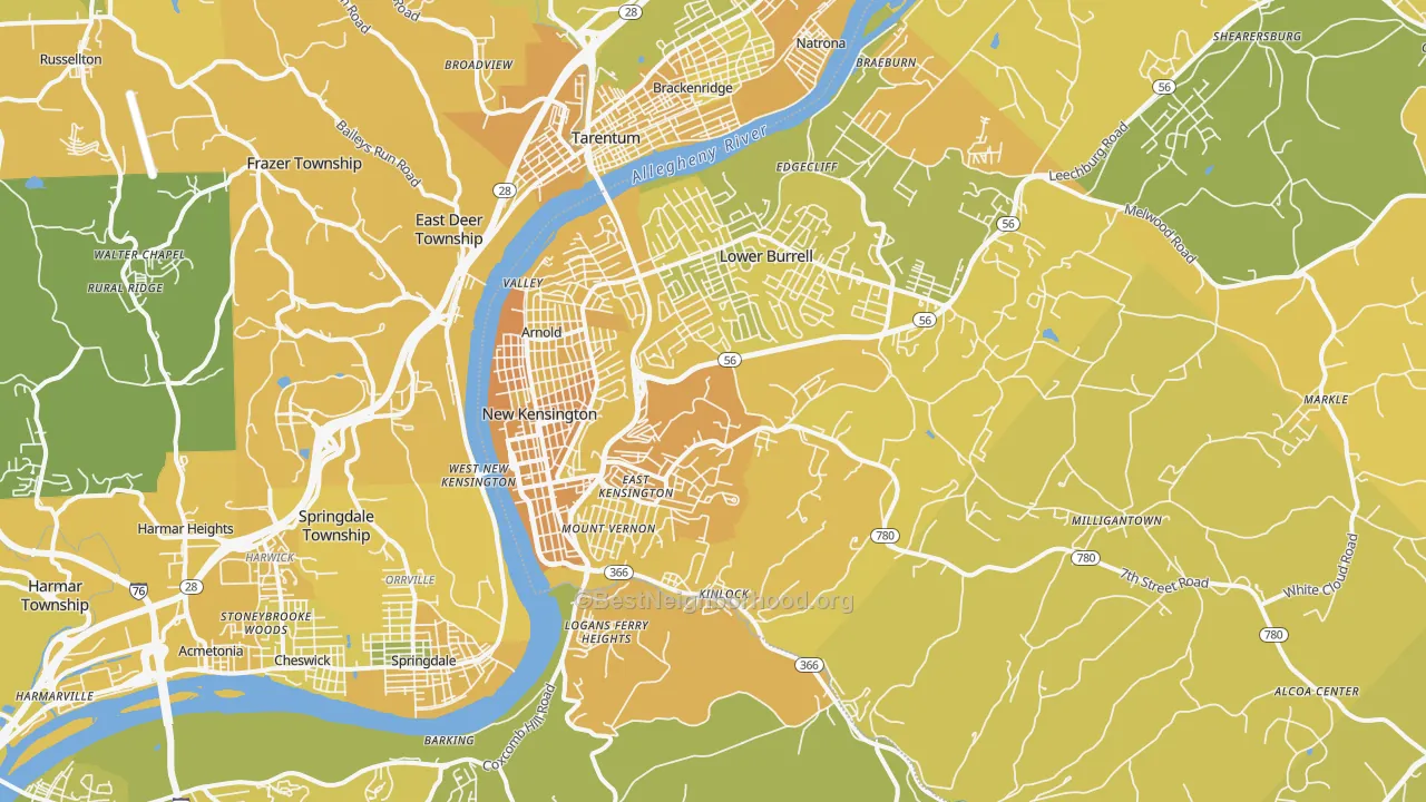 Map of the best neighborhoods in the 15068 area, with better matches in green and worse matches in red