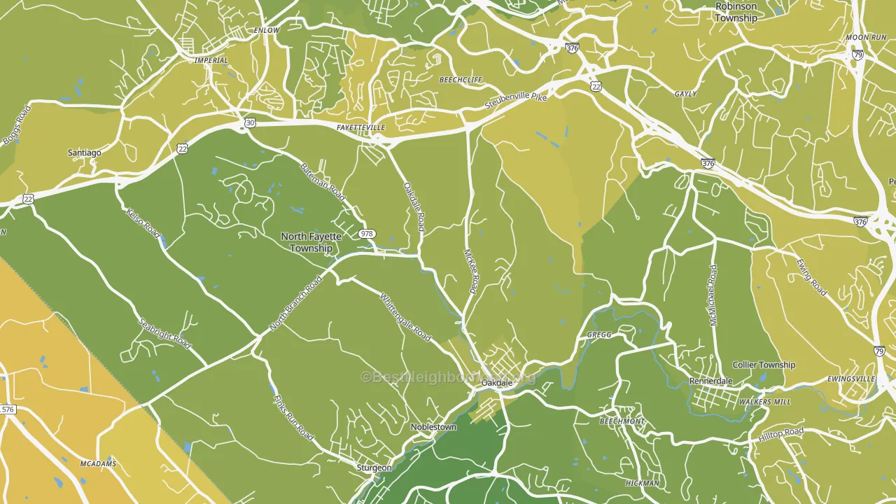 Map of the best neighborhoods in the 15071 area, with better matches in green and worse matches in red