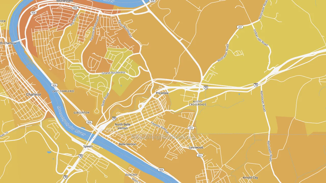 Map of the best neighborhoods in the 15072 area, with better matches in green and worse matches in red