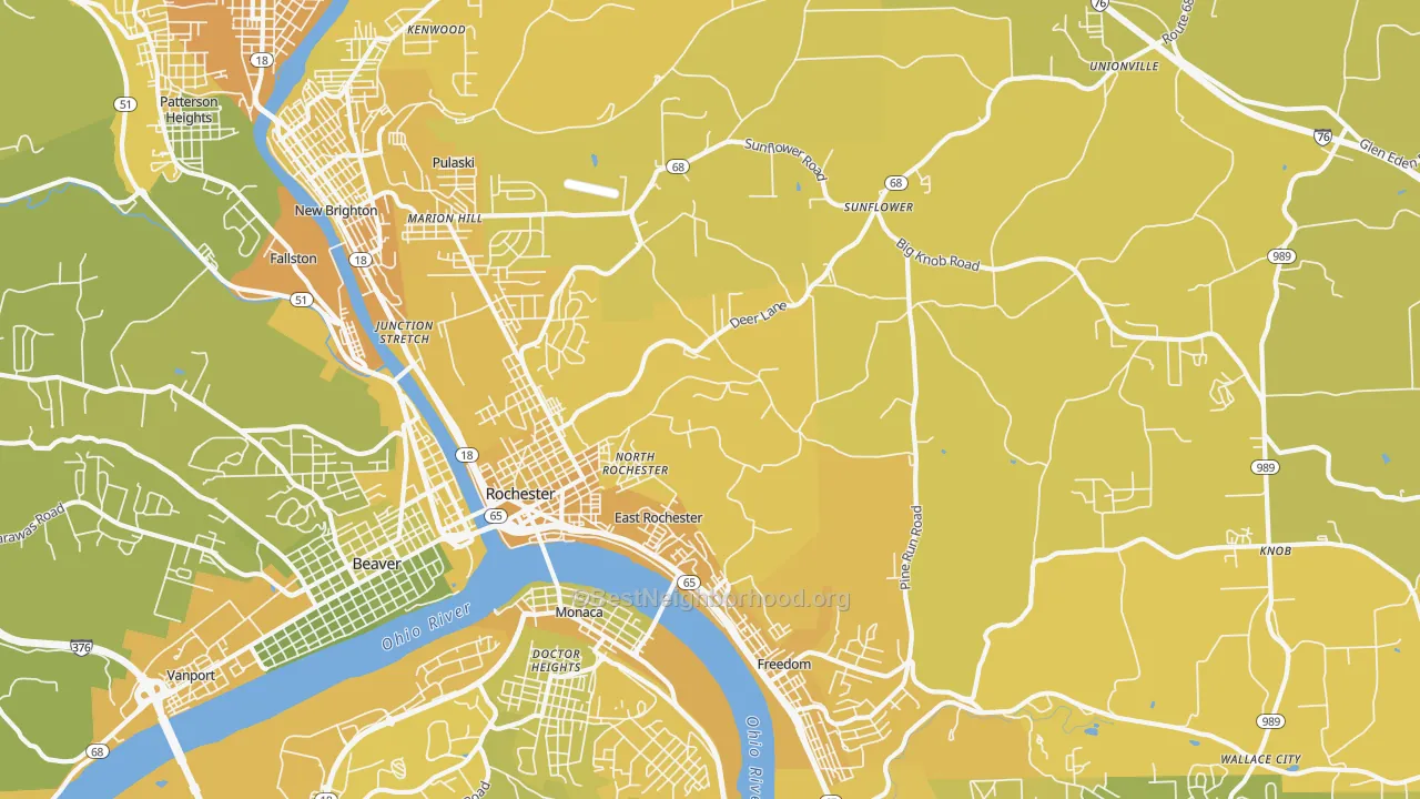 Map of the best neighborhoods in the 15074 area, with better matches in green and worse matches in red