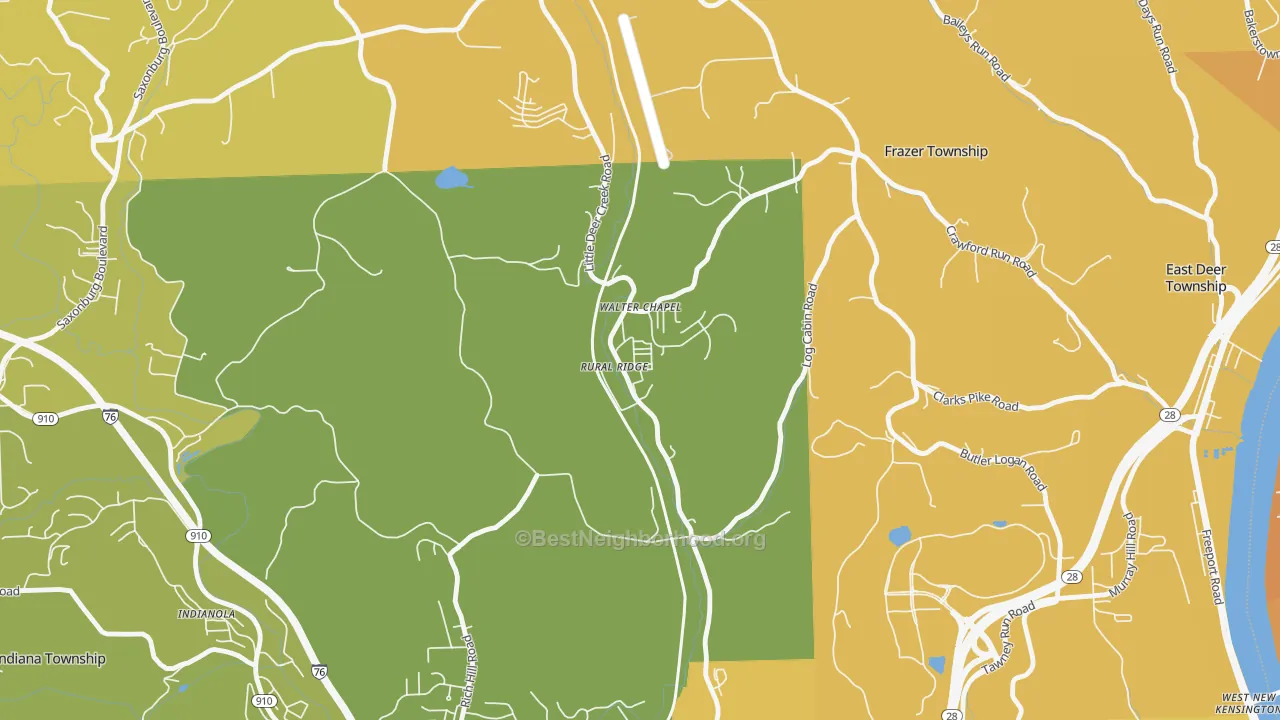 Map of the best neighborhoods in the 15075 area, with better matches in green and worse matches in red