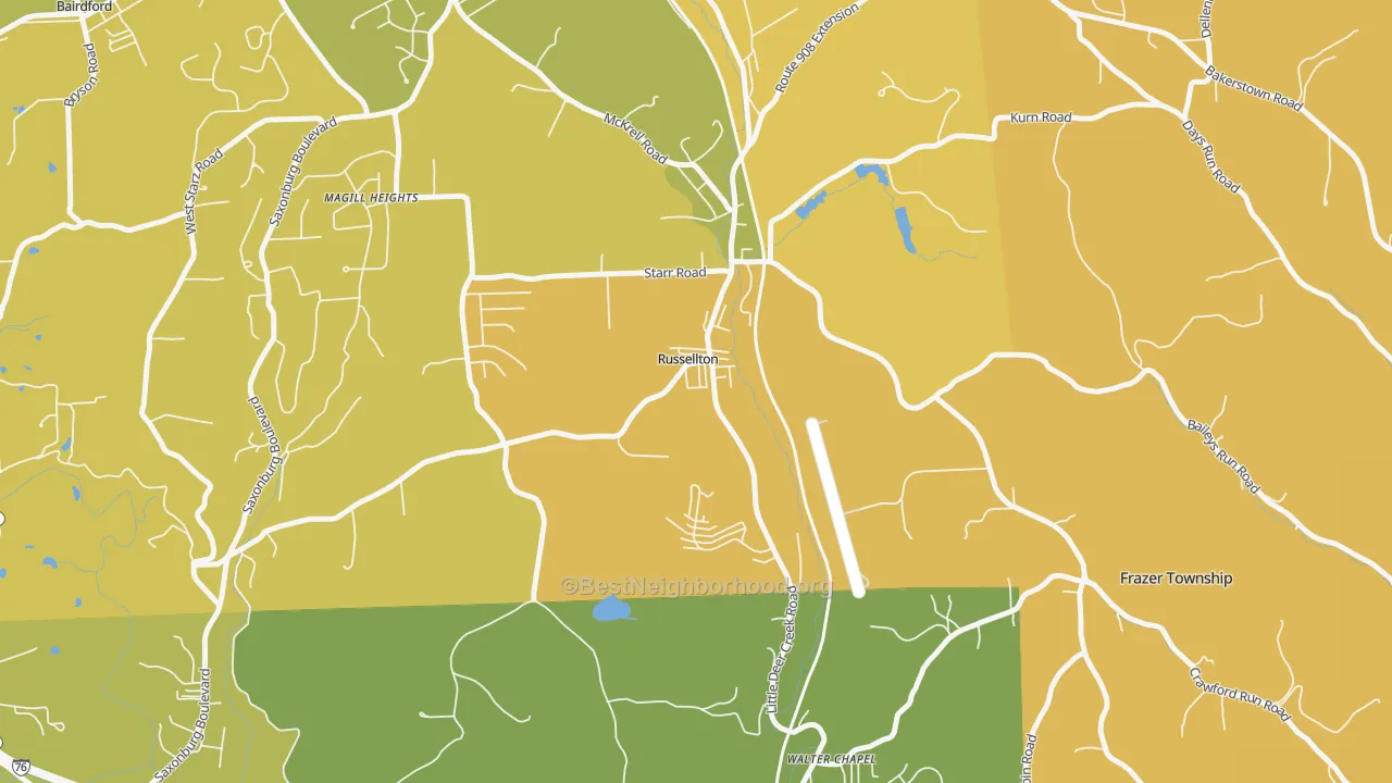 Map of the best neighborhoods in the 15076 area, with better matches in green and worse matches in red