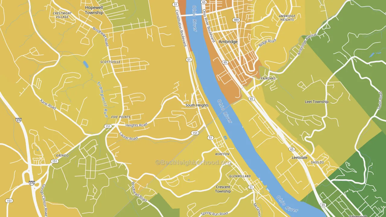 Map of the best neighborhoods in the 15081 area, with better matches in green and worse matches in red