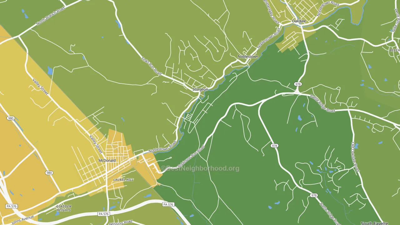 Map of the best neighborhoods in the 15082 area, with better matches in green and worse matches in red