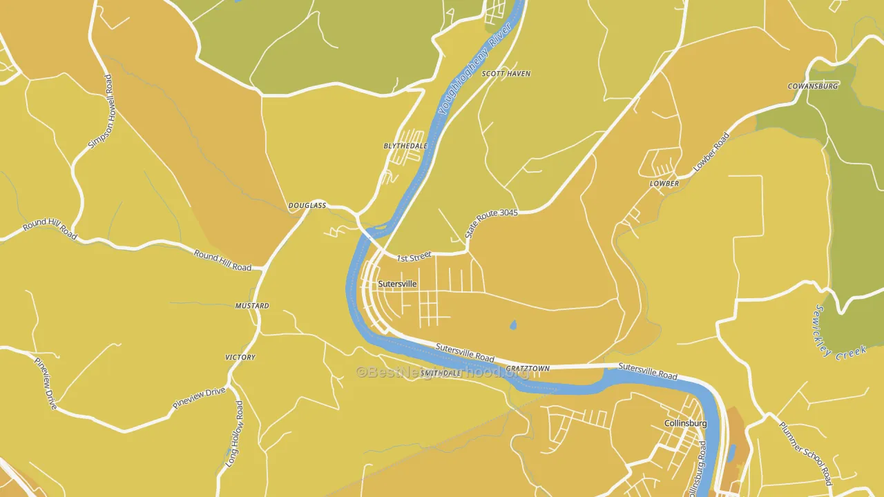 Map of the best neighborhoods in the 15083 area, with better matches in green and worse matches in red