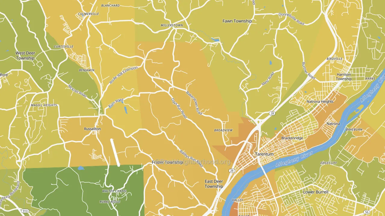 Map of the best neighborhoods in the 15084 area, with better matches in green and worse matches in red