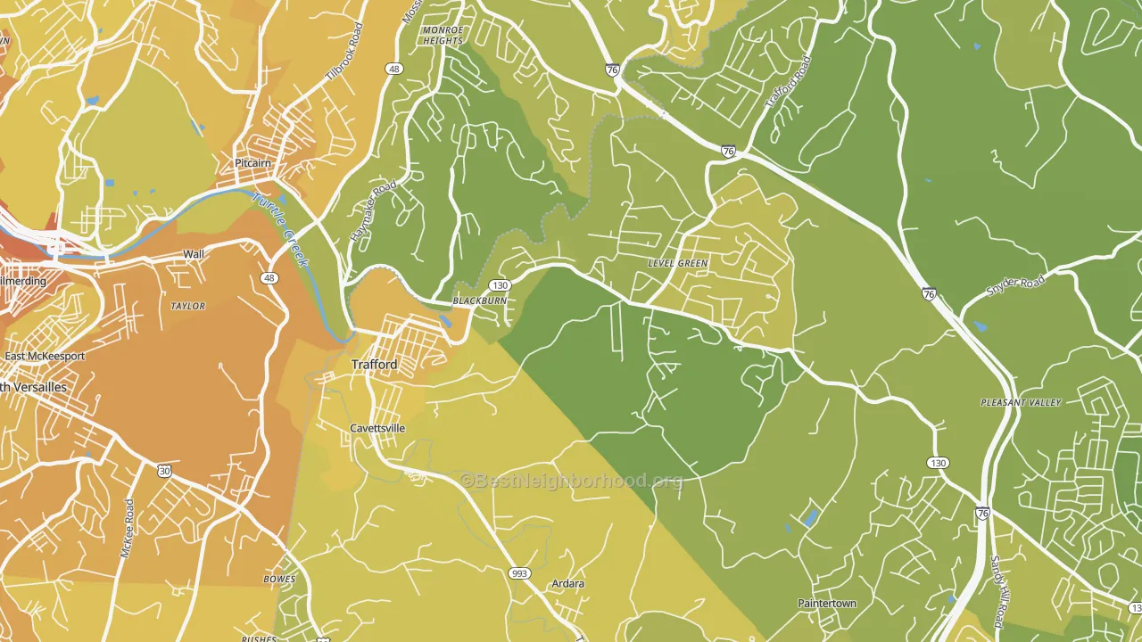 Map of the best neighborhoods in the 15085 area, with better matches in green and worse matches in red