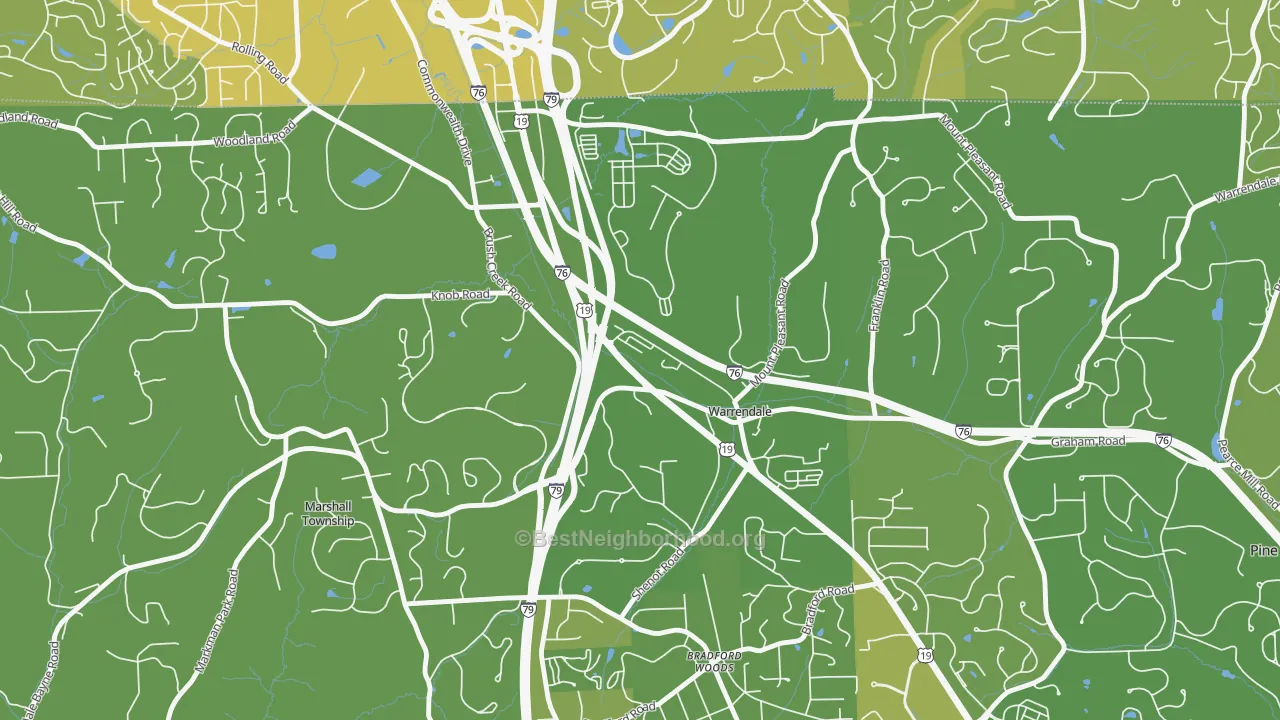 Map of the best neighborhoods in the 15086 area, with better matches in green and worse matches in red
