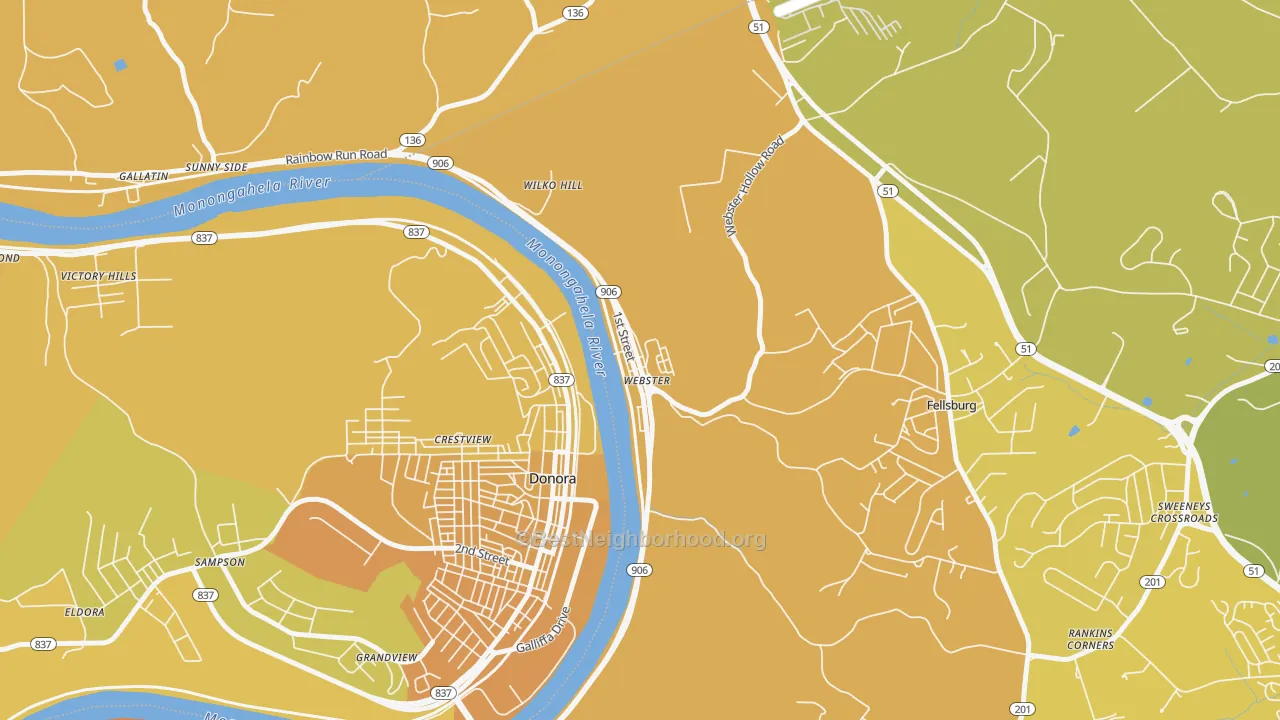 Map of the best neighborhoods in the 15087 area, with better matches in green and worse matches in red