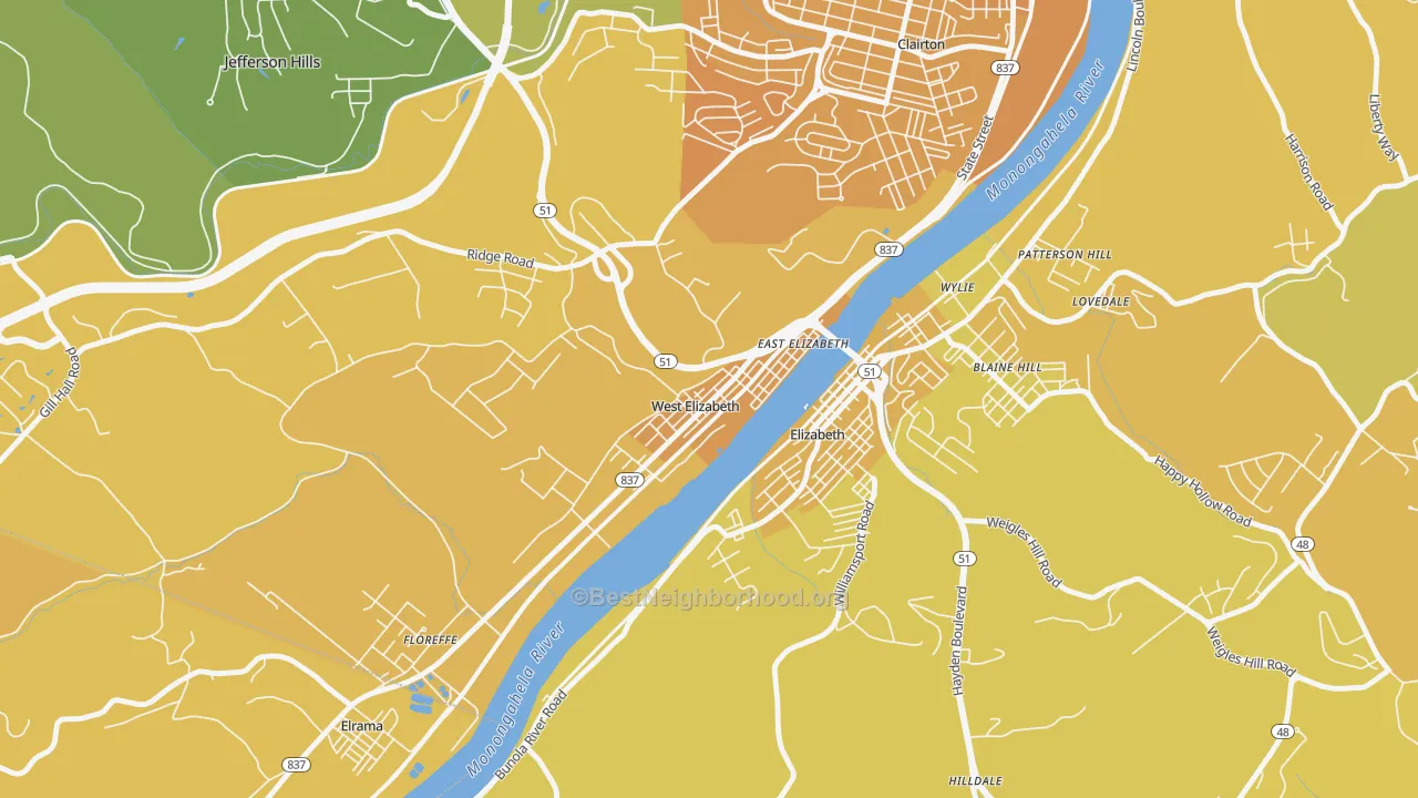 Map of the best neighborhoods in the 15088 area, with better matches in green and worse matches in red