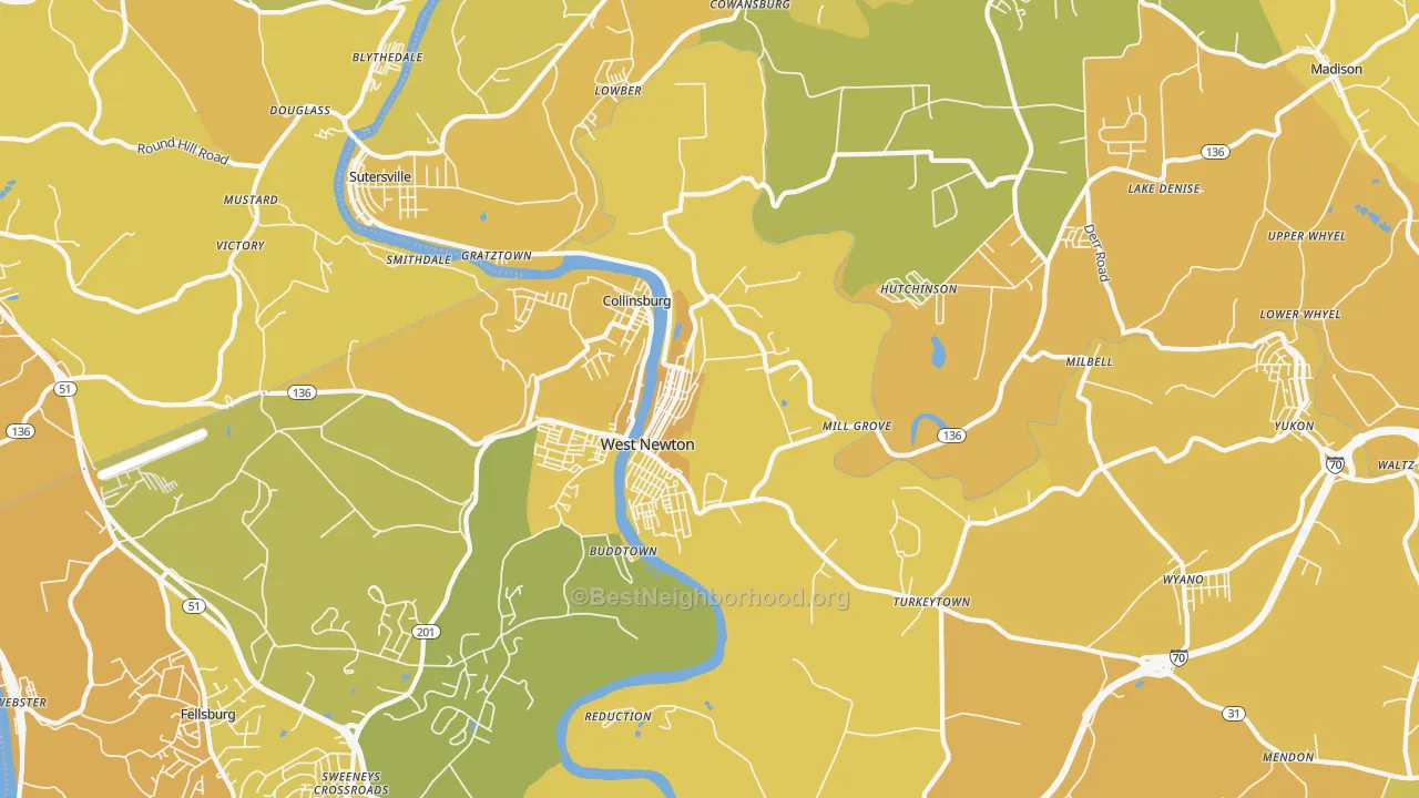 Map of the best neighborhoods in the 15089 area, with better matches in green and worse matches in red