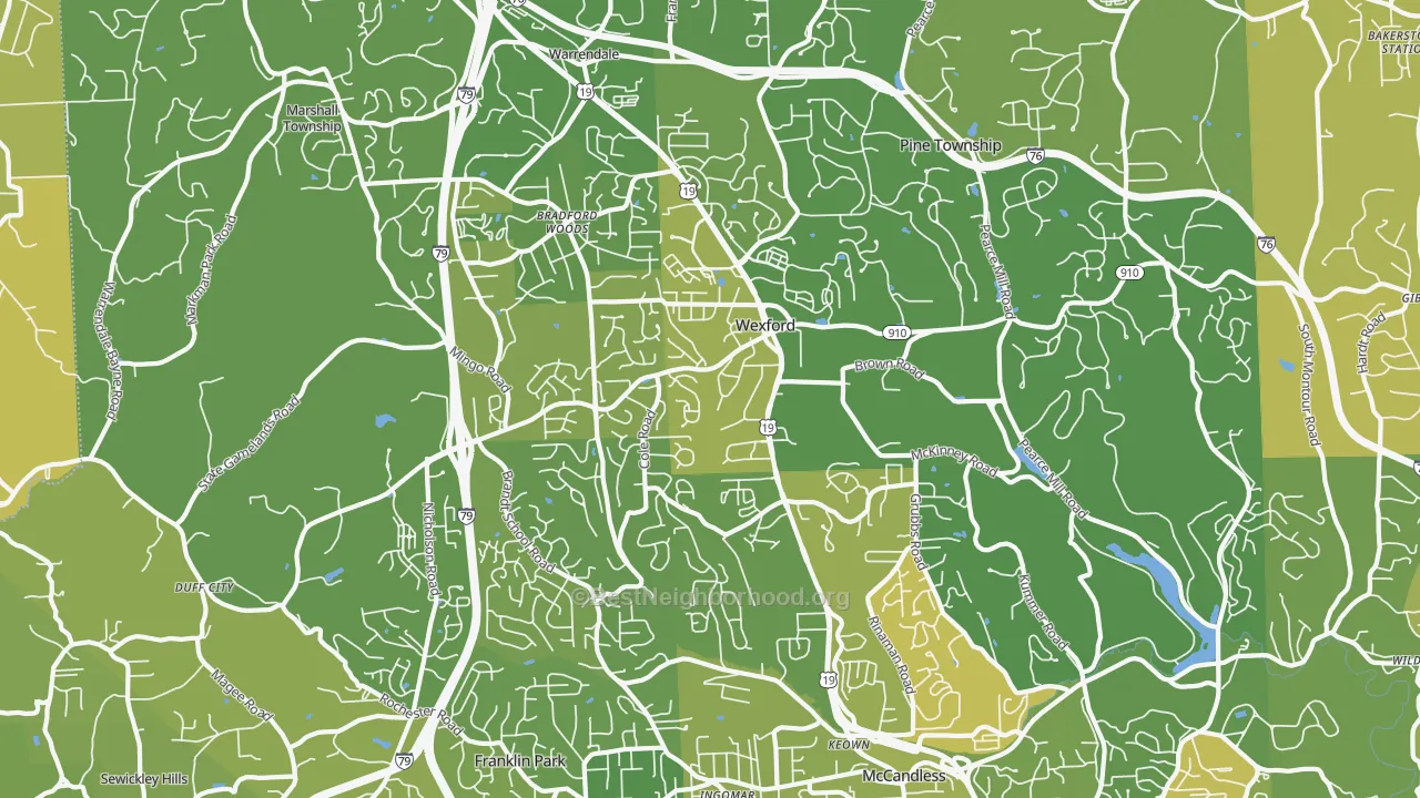 Map of the best neighborhoods in the 15090 area, with better matches in green and worse matches in red