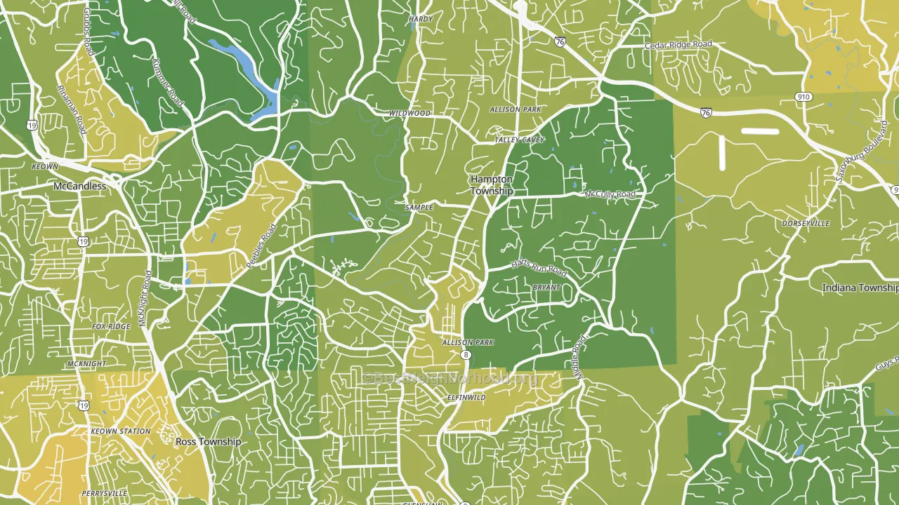 Map of the best neighborhoods in the 15101 area, with better matches in green and worse matches in red