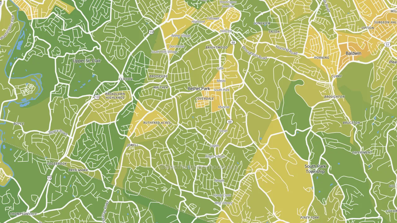 Map of the best neighborhoods in the 15102 area, with better matches in green and worse matches in red