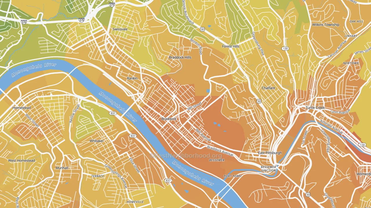 Map of the best neighborhoods in the 15104 area, with better matches in green and worse matches in red