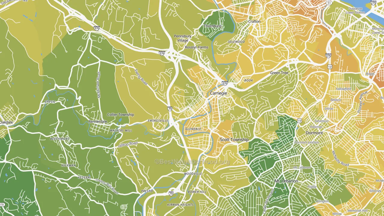 Map of the best neighborhoods in the 15106 area, with better matches in green and worse matches in red