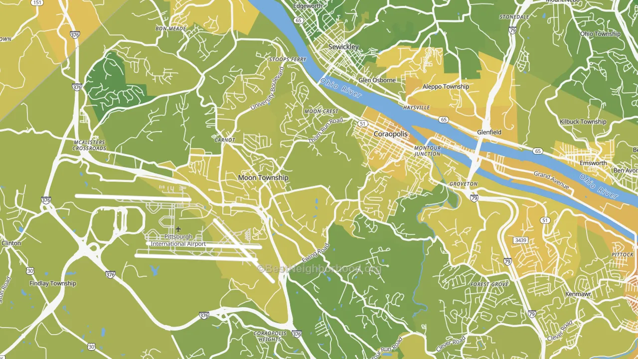 Map of the best neighborhoods in the 15108 area, with better matches in green and worse matches in red