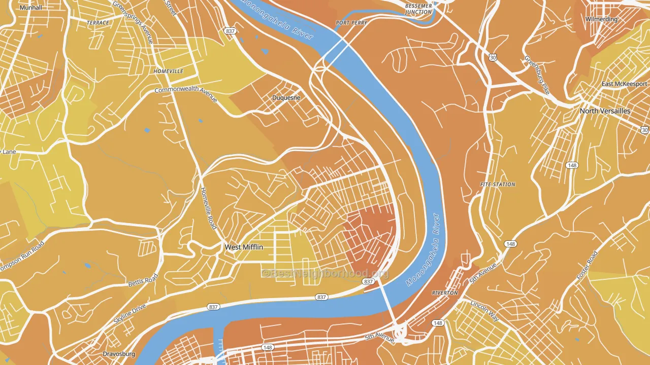 Map of the best neighborhoods in the 15110 area, with better matches in green and worse matches in red