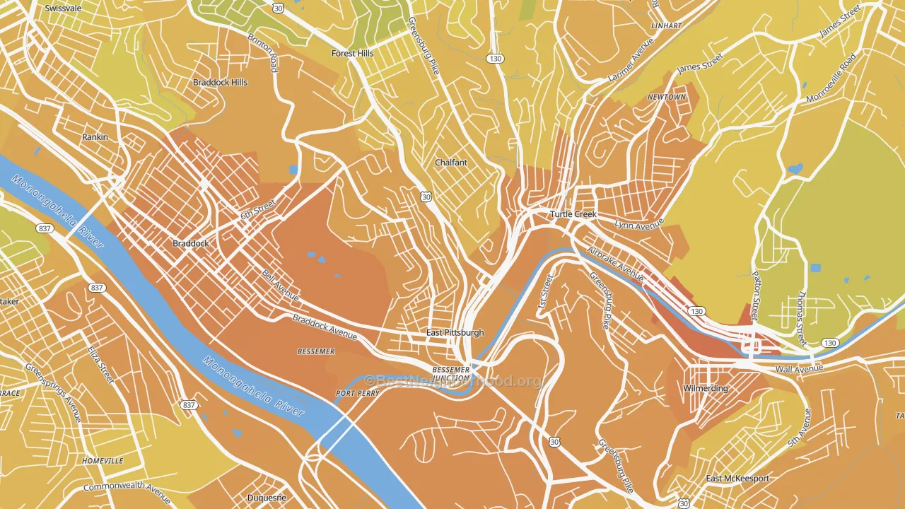 Map of the best neighborhoods in the 15112 area, with better matches in green and worse matches in red