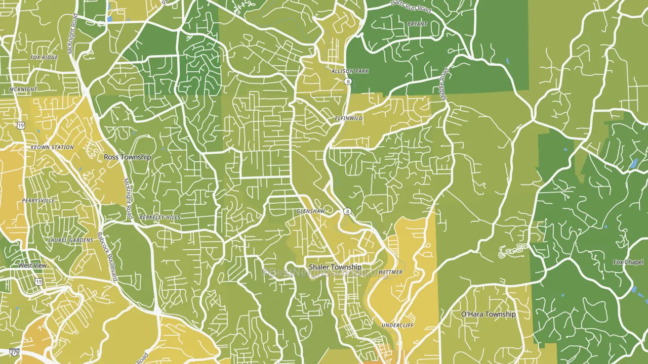 Map of the best neighborhoods in the 15116 area, with better matches in green and worse matches in red