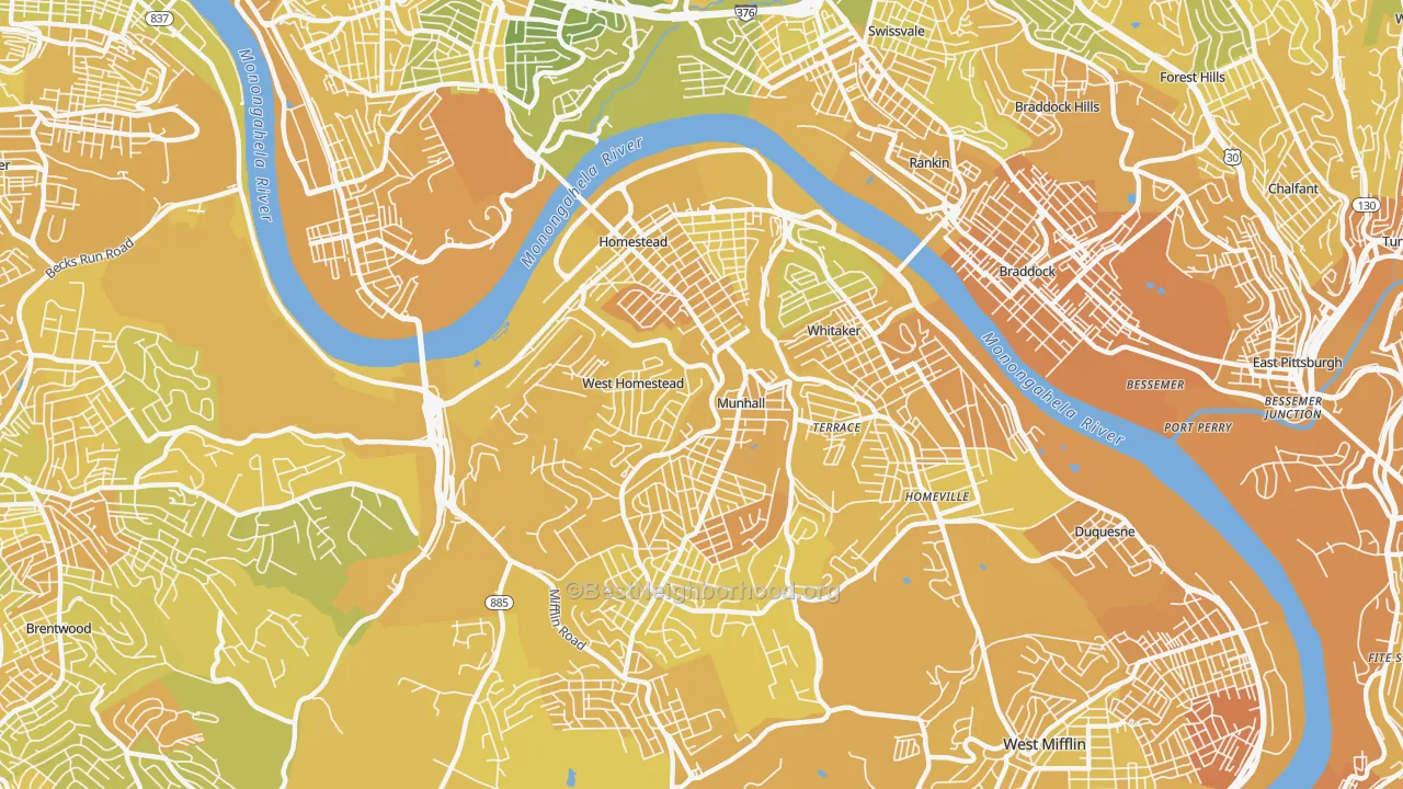 Map of the best neighborhoods in the 15120 area, with better matches in green and worse matches in red