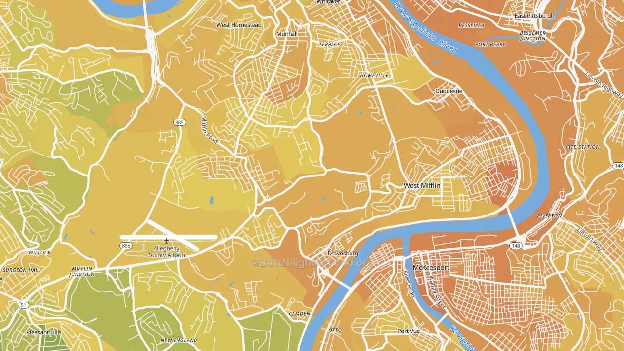 Map of the best neighborhoods in the 15122 area, with better matches in green and worse matches in red