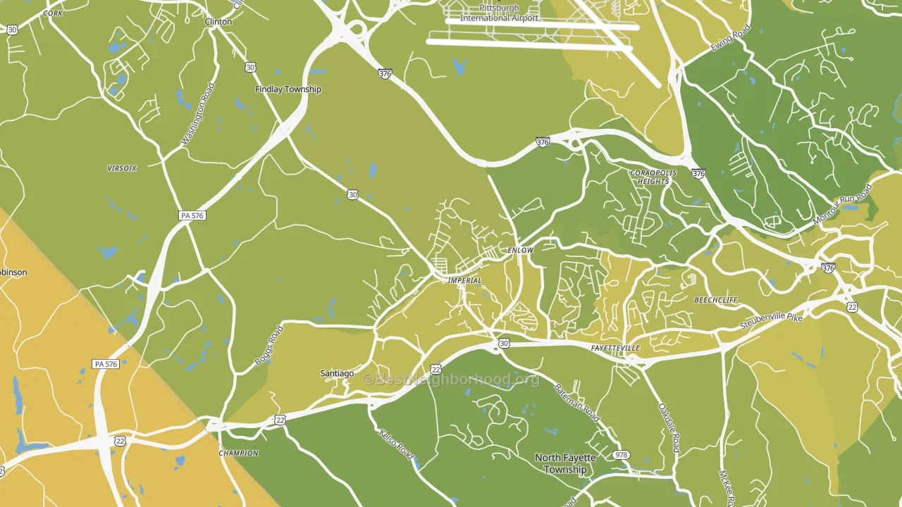 Map of the best neighborhoods in the 15126 area, with better matches in green and worse matches in red