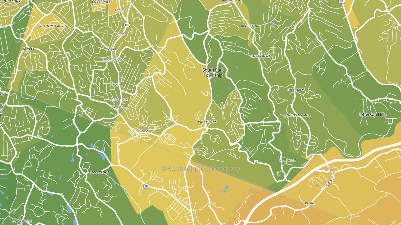 Map of the best neighborhoods in the 15129 area, with better matches in green and worse matches in red