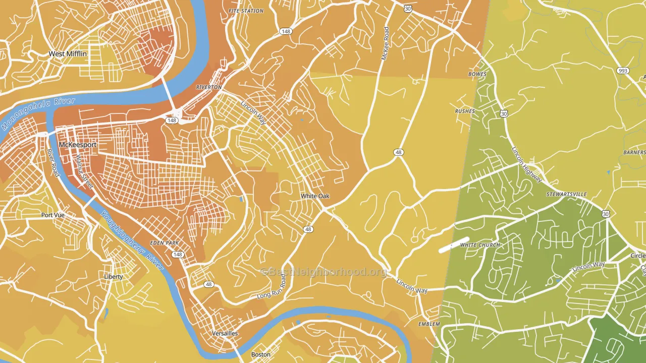 Map of the best neighborhoods in the 15131 area, with better matches in green and worse matches in red
