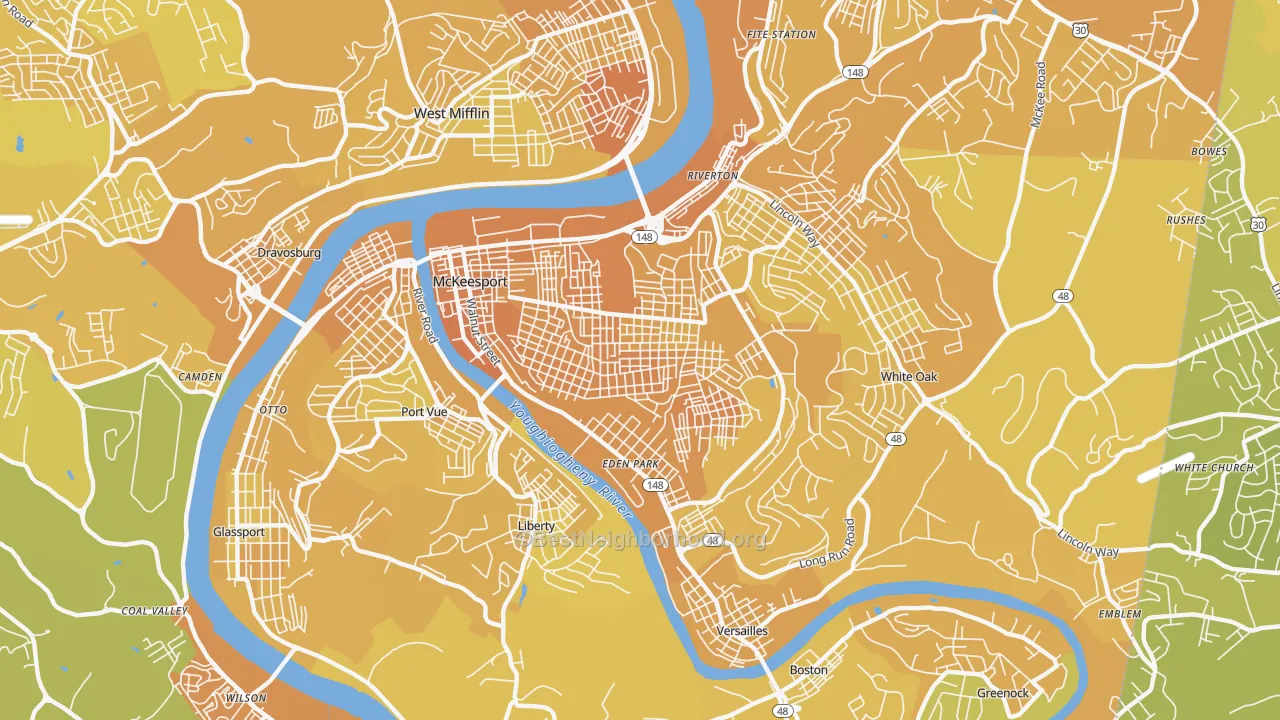 Map of the best neighborhoods in the 15132 area, with better matches in green and worse matches in red