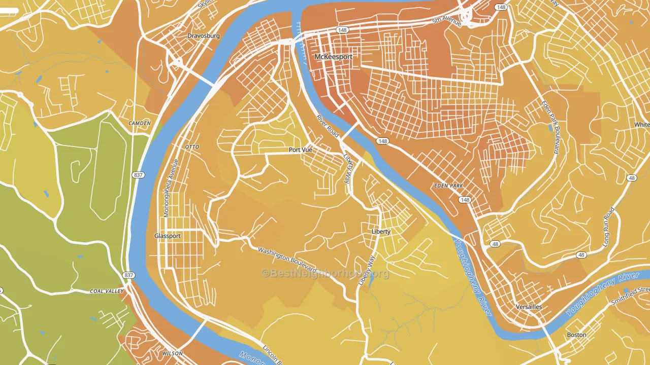 Map of the best neighborhoods in the 15133 area, with better matches in green and worse matches in red