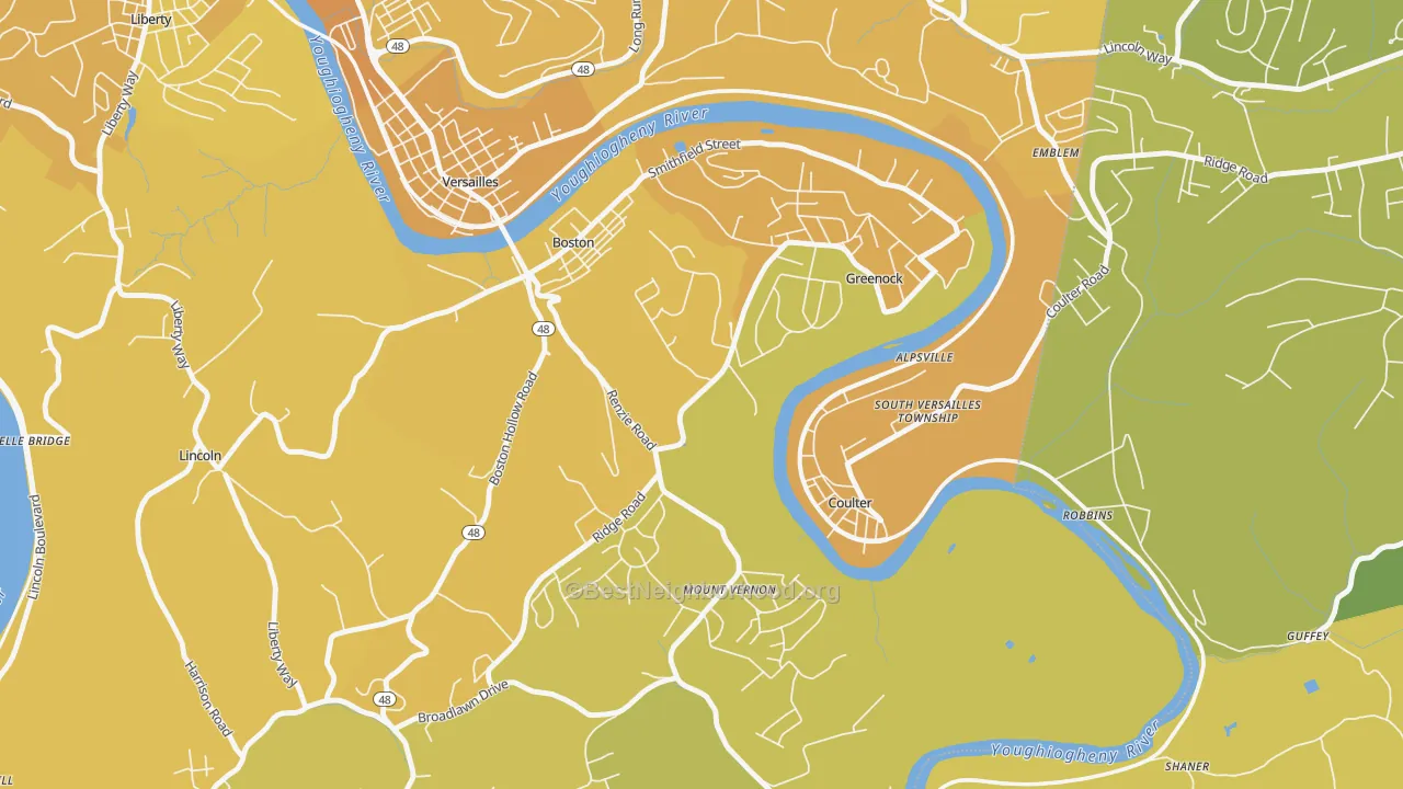 Map of the best neighborhoods in the 15135 area, with better matches in green and worse matches in red