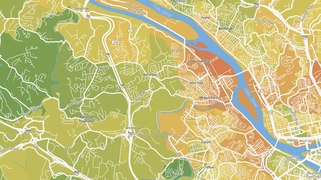 Map of the best neighborhoods in the 15136 area, with better matches in green and worse matches in red