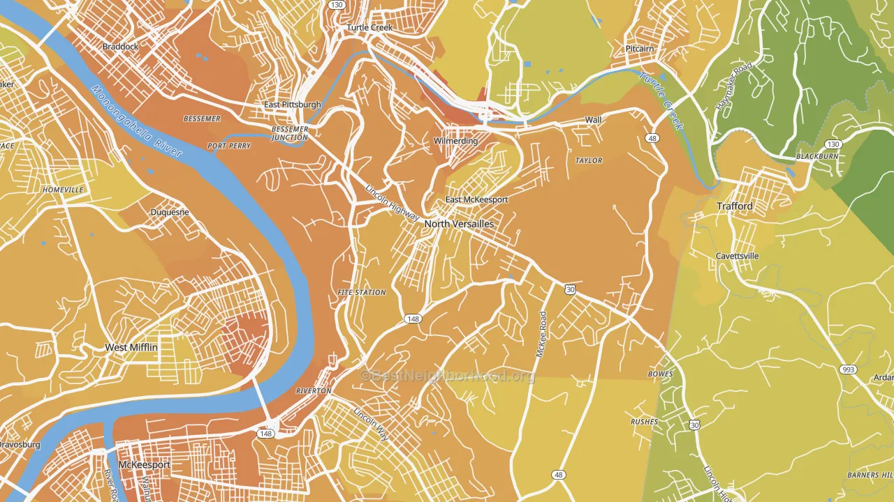 Map of the best neighborhoods in the 15137 area, with better matches in green and worse matches in red