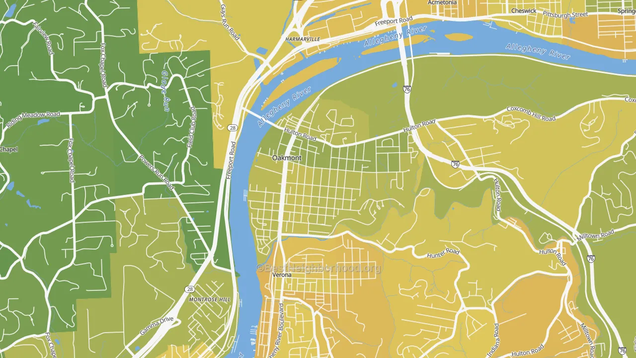 Map of the best neighborhoods in the 15139 area, with better matches in green and worse matches in red