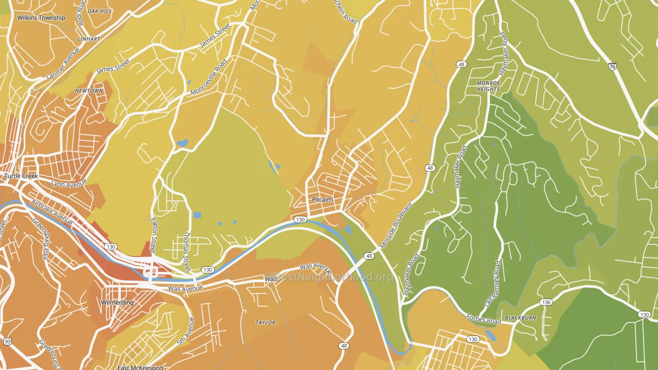 Map of the best neighborhoods in the 15140 area, with better matches in green and worse matches in red