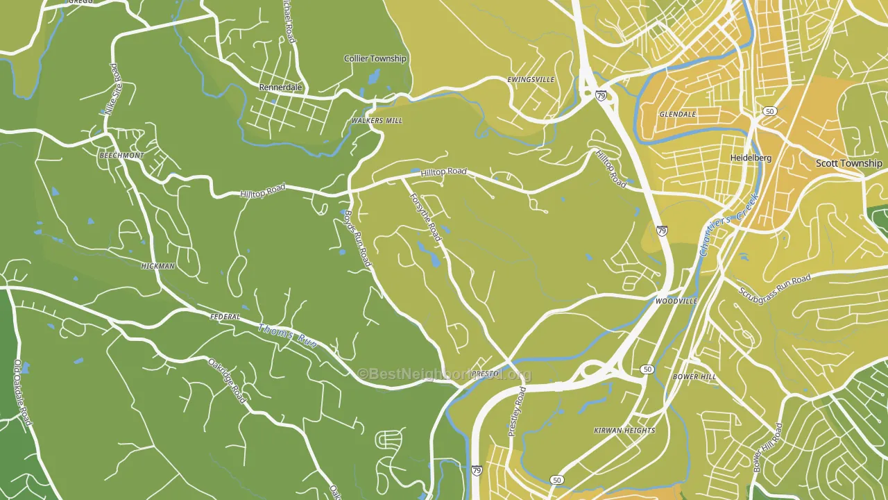 Map of the best neighborhoods in the 15142 area, with better matches in green and worse matches in red