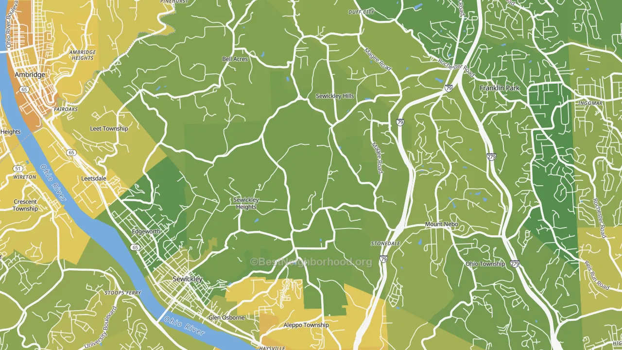 Map of the best neighborhoods in the 15143 area, with better matches in green and worse matches in red