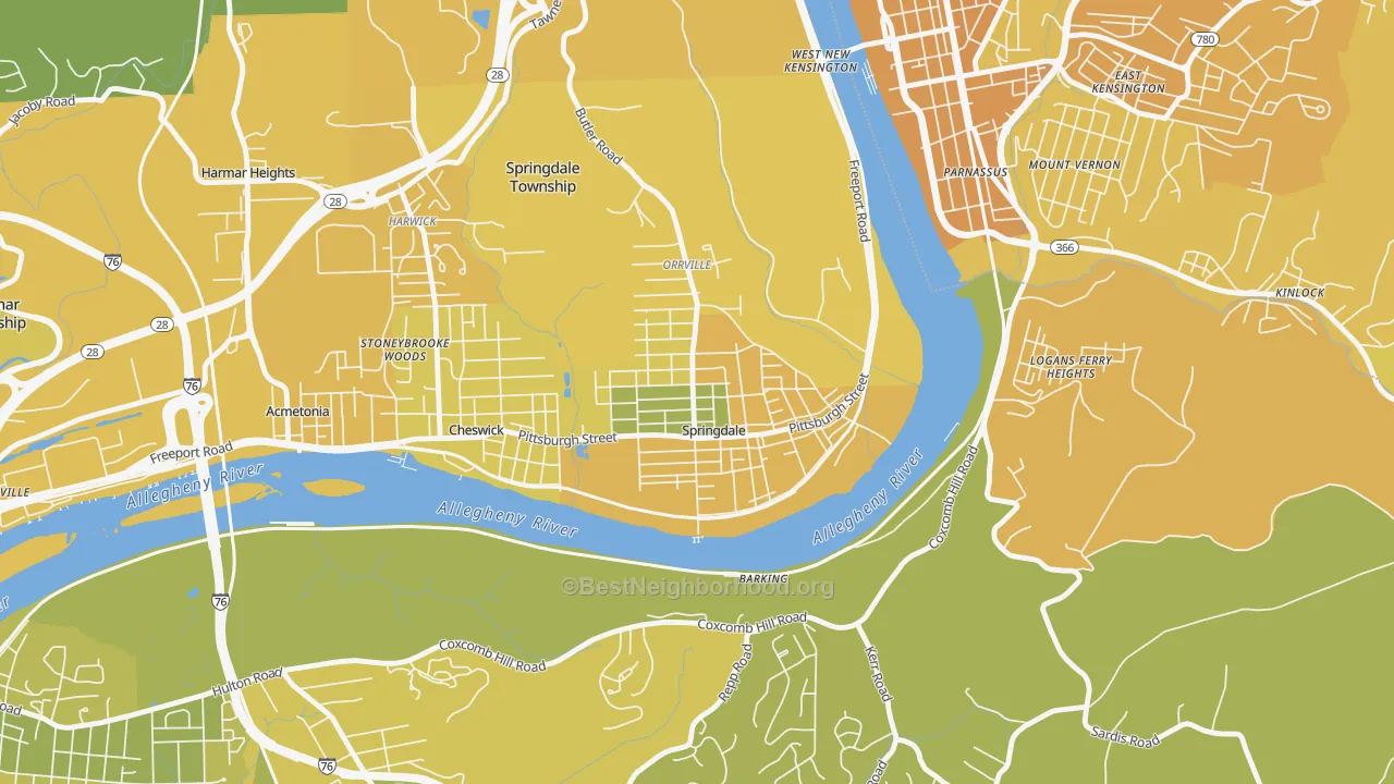 Map of the best neighborhoods in the 15144 area, with better matches in green and worse matches in red