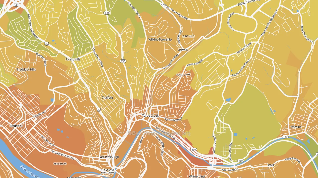 Map of the best neighborhoods in the 15145 area, with better matches in green and worse matches in red